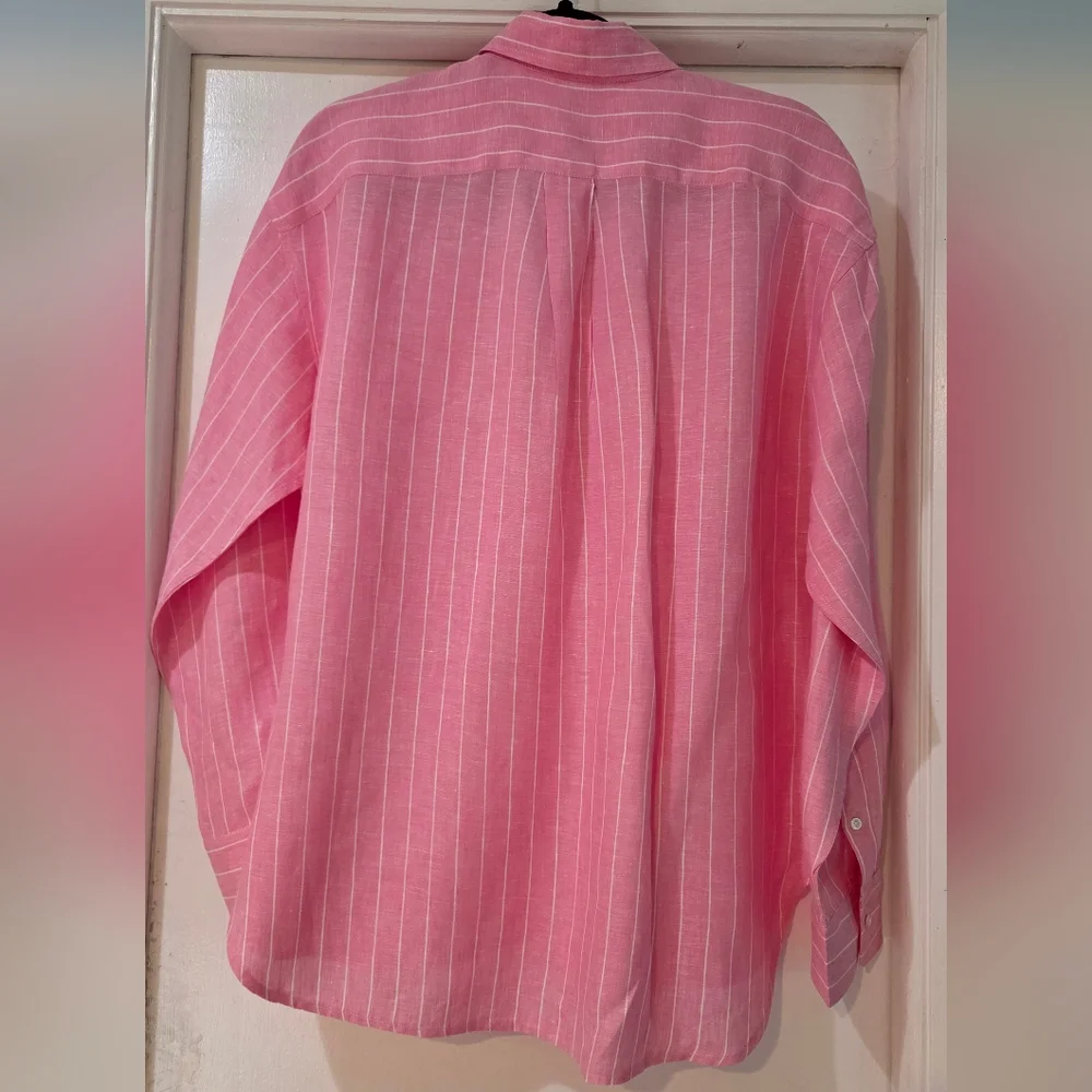 Women's J. McLaughlin Britt Linen Pink With White Pin Stripes Blouse, Size L - Picture 8 of 13